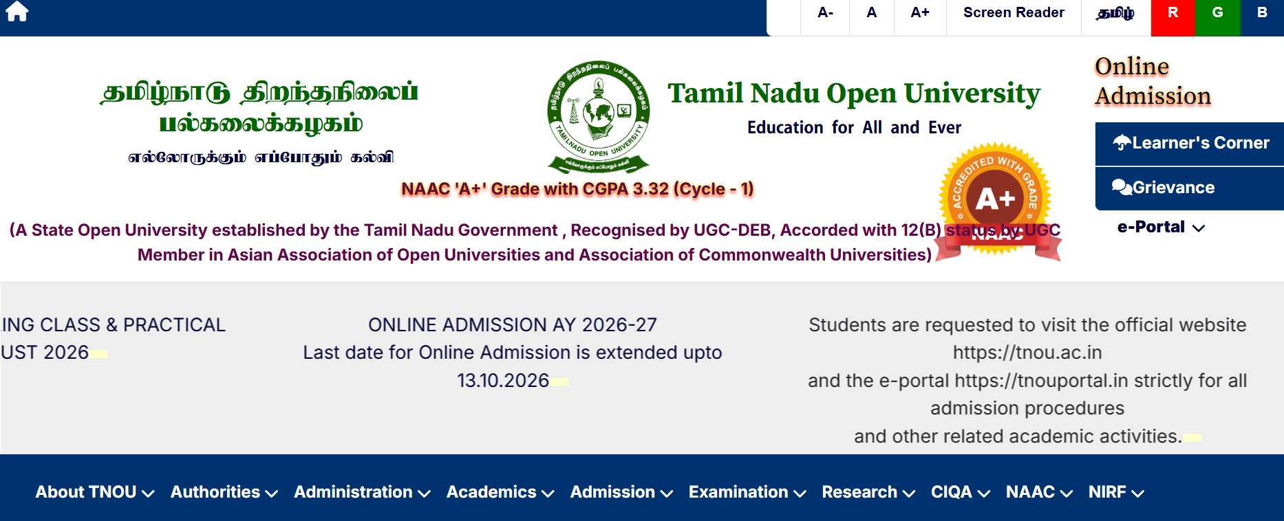 TNOU Admission 2026-27 Key Details