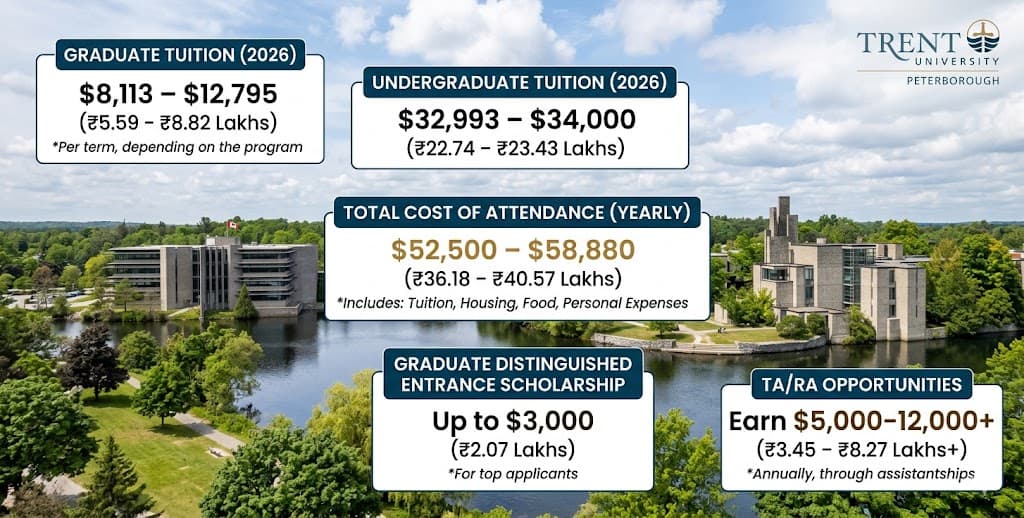 A professional informational graphic for Trent University Peterborough's 2026 tuition and financial costs, overlaid on a landscape photograph of the campus and the Otonabee River. The graphic features five clean data blocks breaking down undergraduate and graduate tuition, total cost of attendance, entrance scholarships, and assistantship earnings in both USD and Indian Rupees (INR).