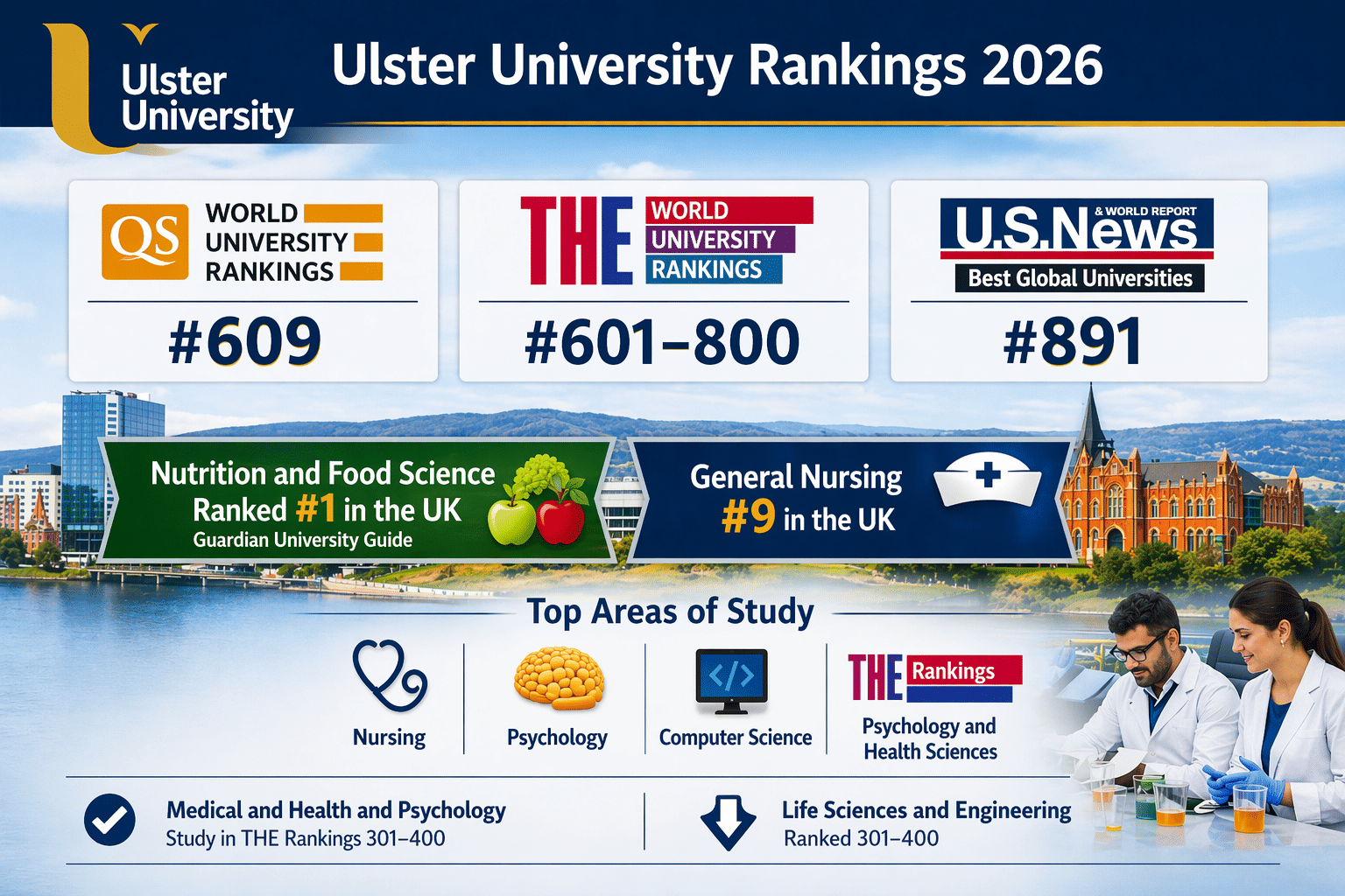An infographic titled “Ulster University Rankings 2026” displaying global rankings: #609 in QS World University Rankings, #601–800 in THE Rankings, and #891 in U.S. News Best Global Universities. It highlights subject strengths such as Nutrition and Food Science ranked #1 in the UK and General Nursing ranked #9 in the UK. The graphic also showcases top study areas including Nursing, Psychology, Computer Science, and Health Sciences, along with rankings for Medical & Health and Life Sciences (301–400 range), set against a campus and cityscape background.