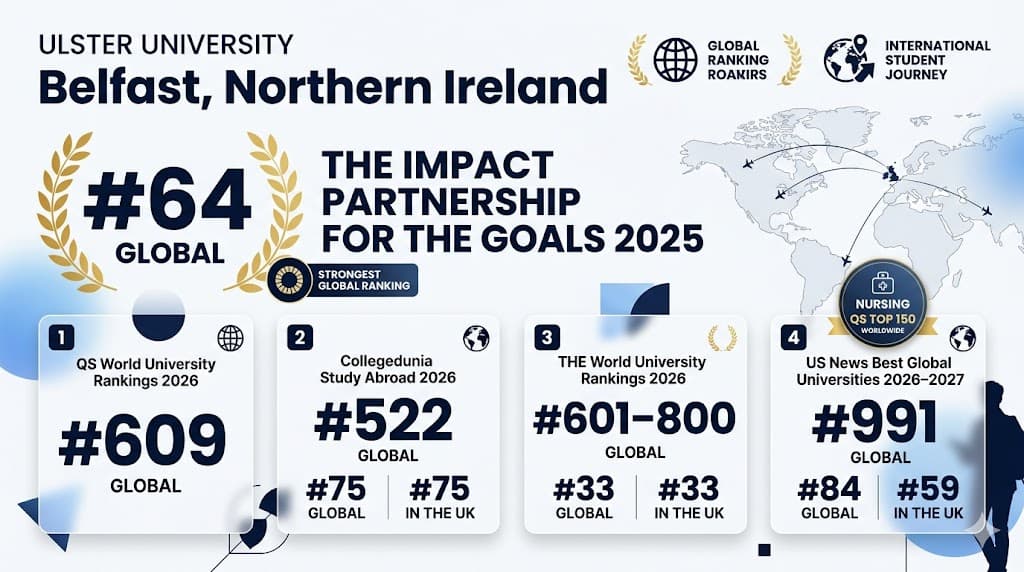 An infographic featuring the global rankings and study abroad achievements of Ulster University, presented in a clean, modern, 16:9 landscape layout with a white background, deep navy blue text, and gold accents.  Header Section Top Left: "ULSTER UNIVERSITY" is written in a bold, navy blue sans-serif font, followed by "Belfast, Northern Ireland" in a larger, heavier font size.  Top Right: Two small modern icons labeled "GLOBAL RANKING ACHIEVEMENTS" (flanked by small gold laurels) and "INTERNATIONAL STUDENT JOURNEY" (featuring a globe and location pin).  Hero Section (Center Left) A prominent display features "#64 GLOBAL" in a massive, bold navy blue font, surrounded by a classic gold laurel wreath.  To the right of the wreath, the text reads: "THE IMPACT PARTNERSHIP FOR THE GOALS 2025".  Below this, a small navy blue pill-shaped badge reads: "STRONGEST GLOBAL RANKING".  Graphics (Center Right) A faint, minimalist light gray world map outline occupies the upper right sector, showing airplane route lines connecting the UK to various points across the globe.  Ranking Cards (Bottom Row) Four distinct glassmorphism-style white rectangular cards with rounded corners are arranged horizontally along the bottom, each numbered 1 through 4 in small black squares:  Card 1 (QS World): Text reads "QS World University Rankings 2026" above a massive "#609 GLOBAL".  Card 2 (Collegedunia): Text reads "Collegedunia Study Abroad 2026" above a massive "#522 GLOBAL", with sub-rankings below reading "#75 GLOBAL" and "#75 IN THE UK".  Card 3 (THE World): Text reads "THE World University Rankings 2026" above a large "#601&ndash;800 GLOBAL", with sub-rankings below reading "#33 GLOBAL" and "#33 IN THE UK".  Card 4 (US News): Text reads "US News Best Global Universities 2026&ndash;2027" above a massive "#991 GLOBAL", with sub-rankings below reading "#84 GLOBAL" and "#59 IN THE UK".  Perched atop Card 4 is a circular gold and navy badge featuring a medical briefcase icon, reading: "NURSING | QS TOP 150 WORLDWIDE".  A dark silhouette of an international student holding a tablet or book is subtly integrated into the bottom-right corner of this final card.