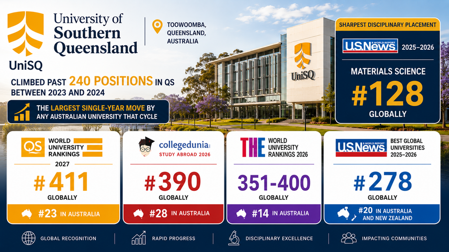 Landscape-style university rankings infographic for University of Southern Queensland (UniSQ). The design features a modern university campus building with landscaped grounds and a lake in the background. The UniSQ logo and university name appear prominently in the upper-left corner alongside the location, Toowoomba, Queensland, Australia.  A large achievement banner highlights the university&rsquo;s rapid rise in global rankings, stating that UniSQ climbed more than 240 positions in the QS rankings between 2023 and 2024, described as the largest single-year ranking improvement by any Australian university during that cycle. A featured panel on the right showcases Materials Science as the university&rsquo;s strongest discipline, ranked #128 globally in US News 2025&ndash;2026.  Four ranking cards across the lower section display key rankings: QS World University Rankings 2027 at #411 globally and #23 in Australia; Collegedunia Study Abroad 2026 at #390 globally and #28 in Australia; THE World University Rankings 2026 in the 351&ndash;400 global band and #14 in Australia; and US News Best Global Universities 2025&ndash;2026 at #278 globally and #20 in Australia and New Zealand. The infographic uses bold typography, white ranking panels, and a blue, gold, red, and purple color scheme, creating a clean, professional, and data-driven academic rankings presentation focused on global recognition, rapid progress, disciplinary excellence, and community impact.