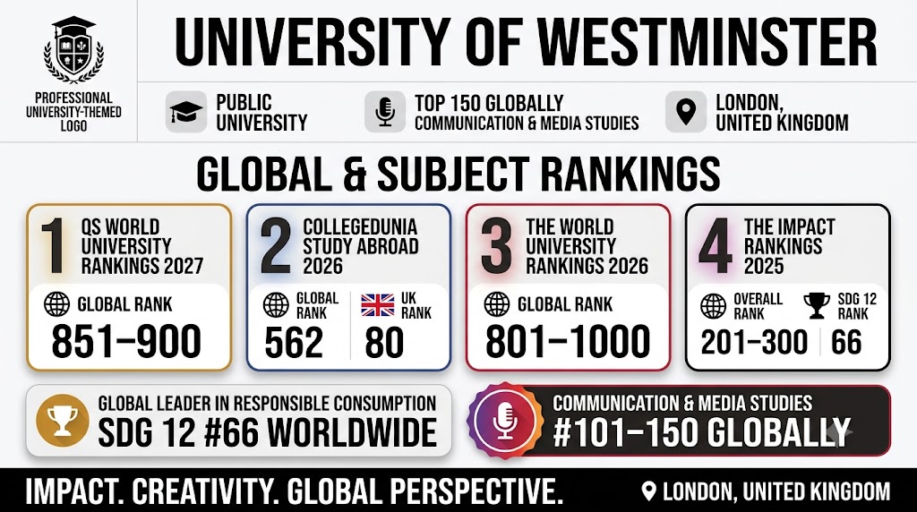 A premium, professional 16:9 landscape university ranking infographic poster for the University of Westminster, presented on a clean white background with bold typography and dark accents.  Header Section: Features an intricate academic crest logo on the left labeled 