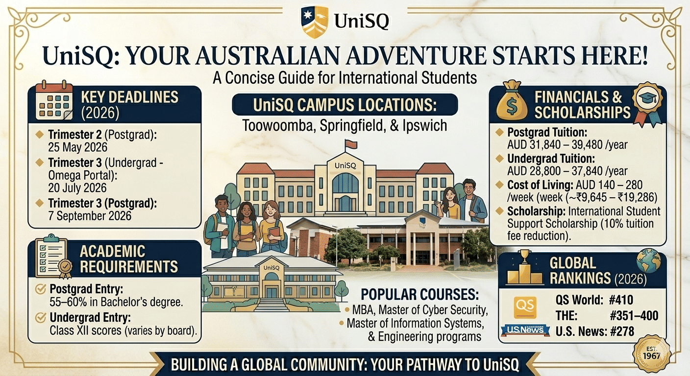 An infographic titled &ldquo;UniSQ: Your Australian Adventure Starts Here!&rdquo; designed in a cream, navy blue, and gold theme with decorative borders. The top center features the UniSQ logo and the subtitle &ldquo;A Concise Guide for International Students.&rdquo;  The infographic is divided into multiple sections with illustrated icons and campus visuals:  Key Deadlines (2026): Lists trimester deadlines for postgraduate and undergraduate applications, including dates for May, July, and September 2026 intakes. UniSQ Campus Locations: Highlights the campuses in Toowoomba, Springfield, and Ipswich, with illustrated campus buildings and diverse international students. Financials & Scholarships: Shows tuition fee ranges for undergraduate and postgraduate programs, estimated weekly living costs in Australian dollars and Indian rupees, and mentions an international student scholarship with a 10% tuition fee reduction. Academic Requirements: States postgraduate entry requires 55&ndash;60% in a bachelor&rsquo;s degree, while undergraduate entry depends on Class XII scores. Popular Courses: Lists programs such as MBA, Master of Cyber Security, Master of Information Systems, and Engineering. Global Rankings (2026): Displays rankings from QS World University Rankings, Times Higher Education, and U.S. News.  At the bottom, a banner reads &ldquo;Building a Global Community: Your Pathway to UniSQ,&rdquo; alongside a seal showing &ldquo;Est. 1967.&rdquo;