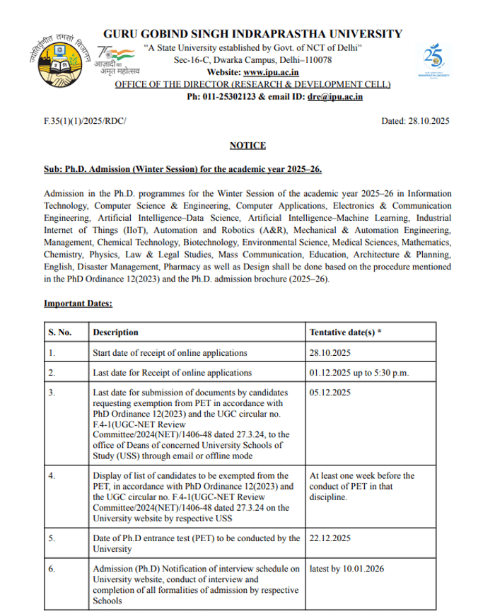 GGSIPU Official  Notification