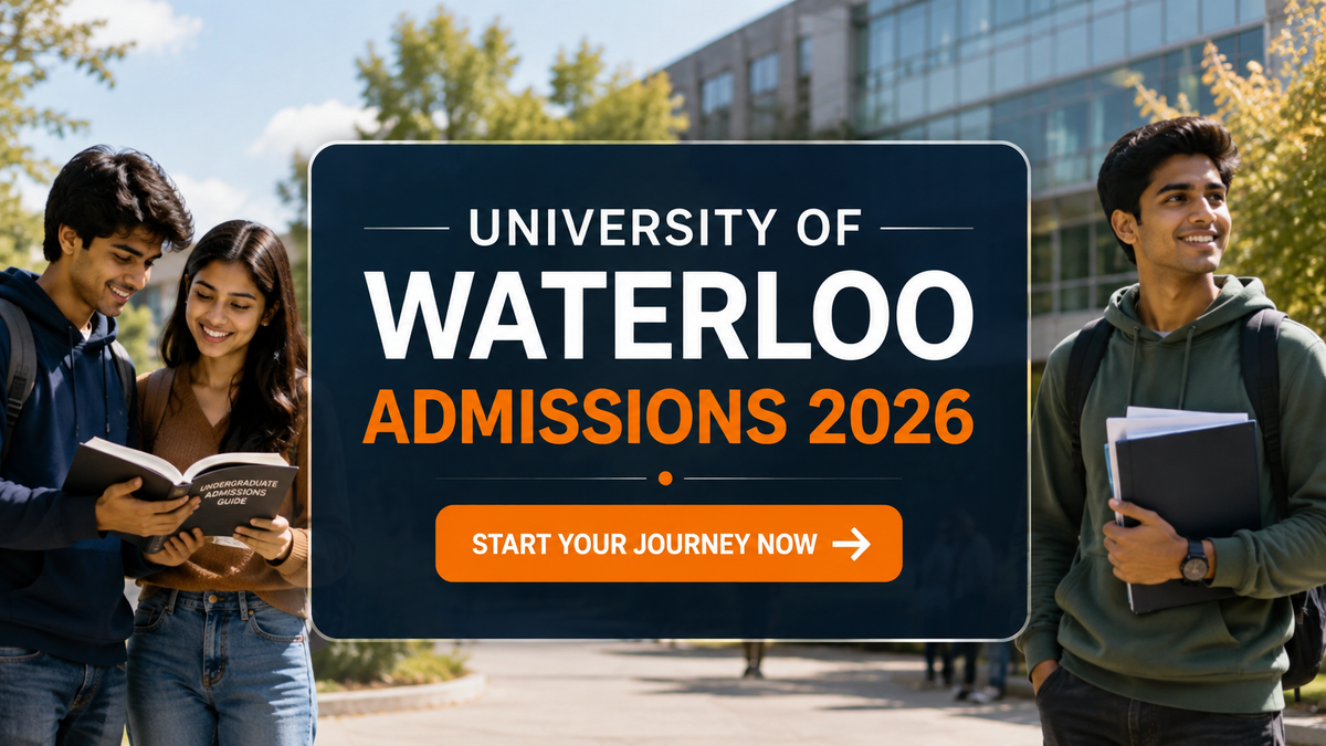 A clean admissions banner for the University of Waterloo featuring three Indian students with books on a university campus, with centered text reading &ldquo;University of Waterloo Admissions 2026&rdquo; and an orange &ldquo;Start Your Journey Now&rdquo; button.
