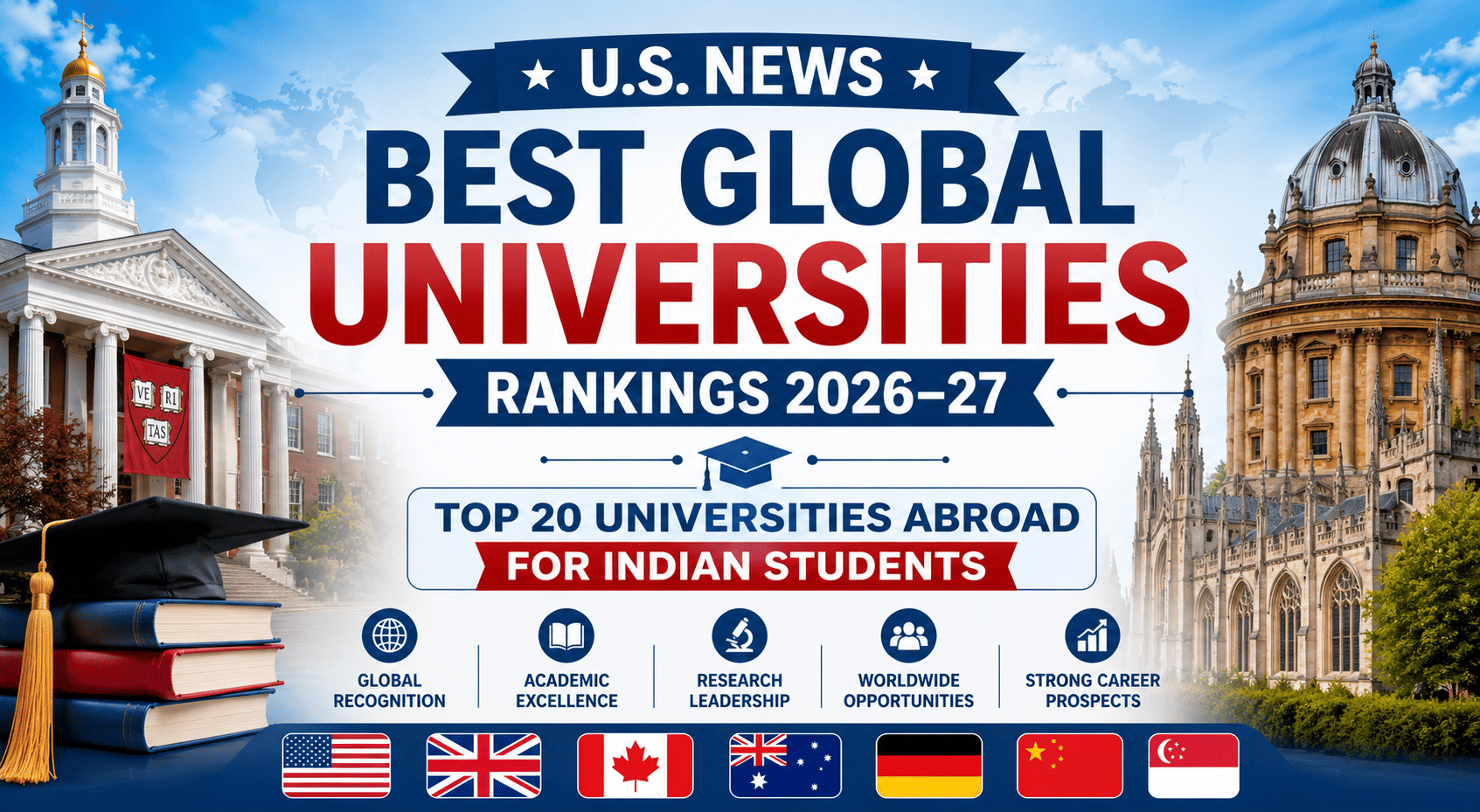 U.S. News Best Global Universities Rankings 2026&ndash;27 infographic featuring the world's top universities, including Harvard, MIT, Stanford, Oxford, and Cambridge, with study abroad destinations across the USA, UK, Canada, Australia, Germany, China, and Singapore for international and Indian students.
