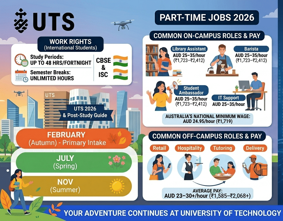 A bright infographic poster about part-time jobs and student work opportunities at University of Technology Sydney. The design uses blue, orange, and green color themes with illustrated students, campus buildings, and job icons. It highlights international student work rights, including 48 hours per fortnight during study periods and unlimited hours during semester breaks. Sections showcase common on-campus jobs such as library assistant, barista, student ambassador, and IT support, with hourly pay ranges displayed. Another section features off-campus roles in retail, hospitality, tutoring, and delivery services. The infographic also includes Australia’s national minimum wage, UTS intake months (February, July, November), and a modern Sydney cityscape background, giving it a fun and student-friendly look.
