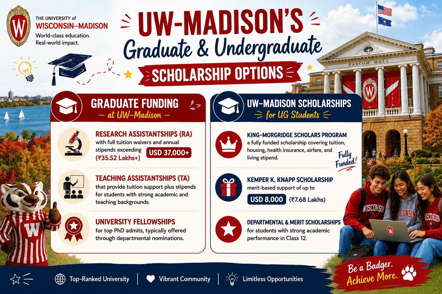 Landscape infographic poster for University of Wisconsin&ndash;Madison highlighting graduate and undergraduate scholarship opportunities. The design features a clean red, white, and navy blue university theme with Bascom Hall and lakefront campus scenery in the background. Large heading reads &ldquo;UW&ndash;Madison&rsquo;s Graduate & Undergraduate Scholarship Options.&rdquo;  The infographic is divided into two main panels: &ldquo;Graduate Funding at UW&ndash;Madison&rdquo; and &ldquo;UW&ndash;Madison Scholarships for UG Students,&rdquo; both without introductory paragraphs underneath the headings.  The graduate section includes illustrated icons for Research Assistantships (RA), Teaching Assistantships (TA), and University Fellowships, with concise funding details such as tuition waivers, stipends exceeding USD 37,000, and departmental nominations.  The undergraduate section highlights the King-Morgridge Scholars Program, Kemper K. Knapp Scholarship, and Departmental & Merit Scholarships using bold icons, scholarship badges, and short descriptions. A prominent &ldquo;USD 8,000 (₹7.68 Lakhs)&rdquo; funding callout appears for the Knapp Scholarship.  A group of smiling students wearing Wisconsin hoodies sits with a laptop on the lower-right side, while the UW badger mascot appears on the lower-left. Decorative academic doodles, stars, graduation cap illustrations, and motivational text such as &ldquo;Be a Badger. Achieve More.&rdquo; create a fun, modern, and visually engaging student-focused design while maintaining a clean layout.