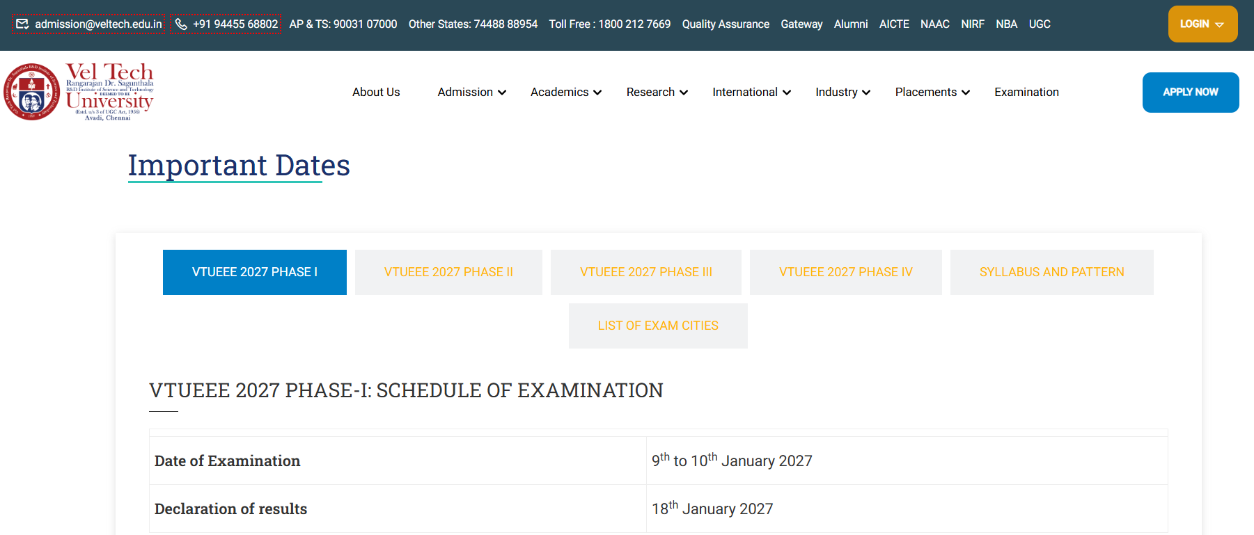 Vel Tech Admission&nbsp;2027