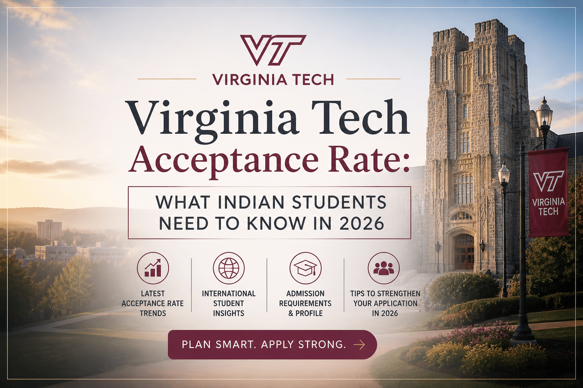 Clean, minimal feature banner showing a scenic university campus background with centered text reading &ldquo;Virginia Tech Acceptance Rate: What Indian Students Need to Know in 2026,&rdquo; styled in a subtle, professional layout with soft colors and a call-to-action line &ldquo;Plan Smart. Apply Strong.&rdquo;