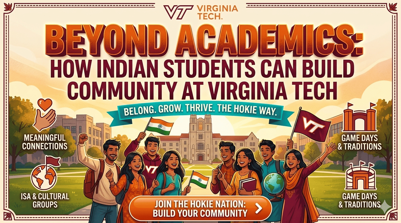An eye-catching, high-contrast promotional banner for Google Discover titled "BEYOND ACADEMICS: HOW INDIAN STUDENTS CAN BUILD COMMUNITY AT VIRGINIA TECH." The illustration features a vibrant group of Indian students celebrating on the Virginia Tech campus, with the iconic Burruss Hall in the background. Students are shown cheering, holding the Indian national flag and VT flags.  Key design elements include:  Central Tagline: A teal ribbon reading "BELONG. GROW. THRIVE. THE HOKIE WAY."  Call-to-Action (CTA): A bright orange, 3D-style button at the bottom that says "JOIN THE HOKIE NATION: BUILD YOUR COMMUNITY" with a click arrow.  Feature Icons: Circular graphics highlighting "Meaningful Connections," "ISA & Cultural Groups," and "Game Days & Traditions."  Color Palette: A professional blend of university maroon, burnt orange, and bright teal to grab attention.