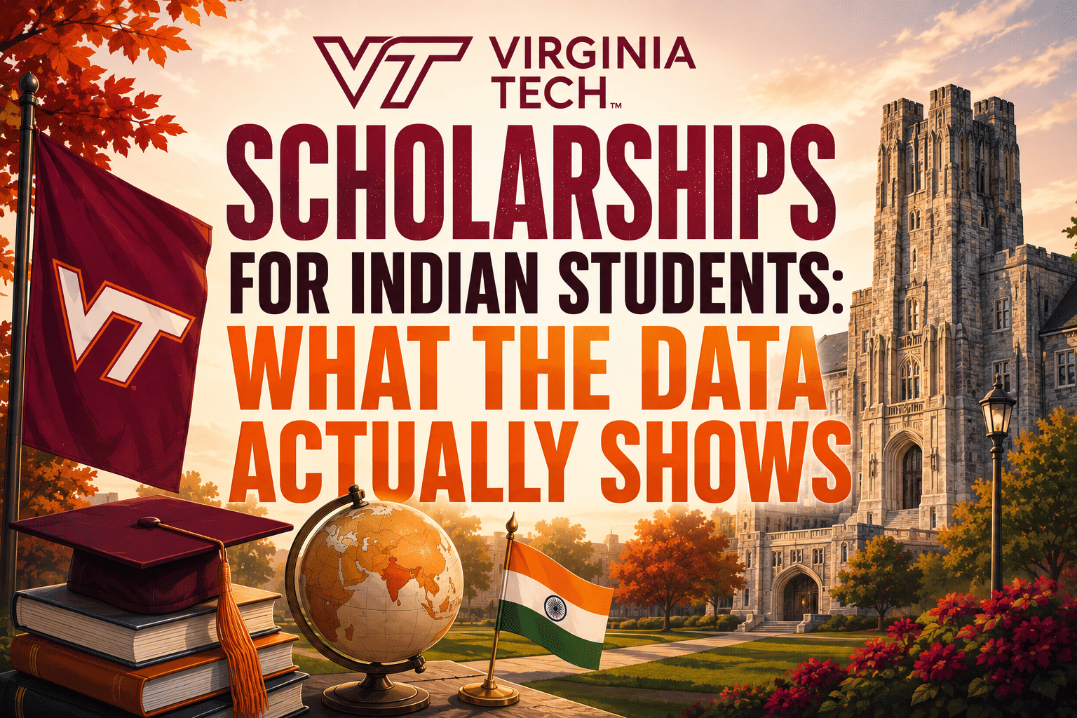 Illustrated Virginia Tech campus banner featuring bold text &ldquo;Virginia Tech Scholarships for Indian Students: What the Data Actually Shows&rdquo; with graduation cap, books, globe highlighting India, and Indian flag in a warm sunset setting.