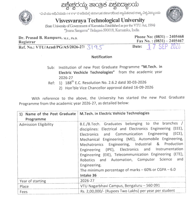M.Tech in Electric Vehicle Technologies