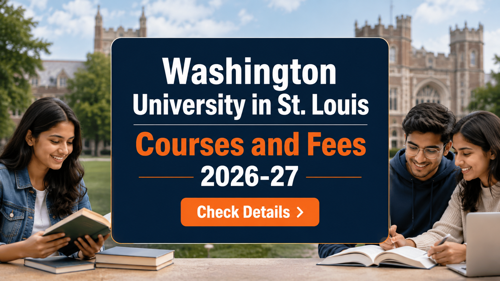 A clean horizontal university graphic showing Indian students with books and a laptop on a campus background, with centered text reading &ldquo;Washington University in St. Louis &mdash; Courses and Fees 2026&ndash;27&rdquo; and an orange &ldquo;Check Details&rdquo; button.
