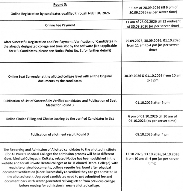 WB NEET UG 2026 Round 3 Important Dates