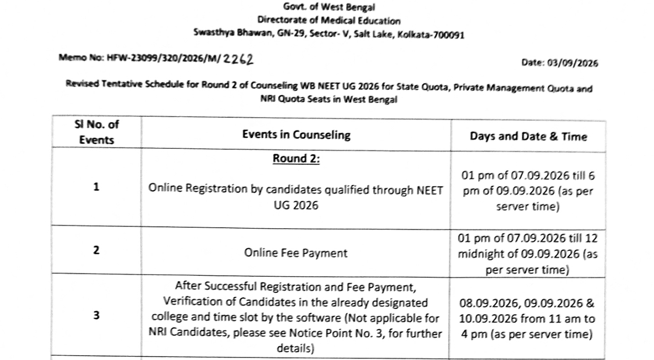 WB NEET UG 2026 Round 2 Counselling Schedule