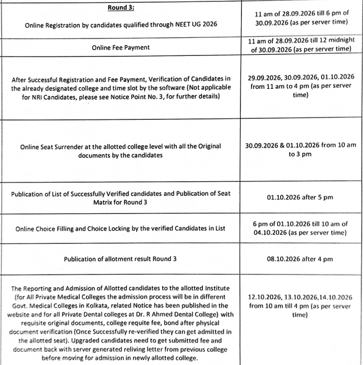 WB NEET UG 2026 Round 3 Important Dates