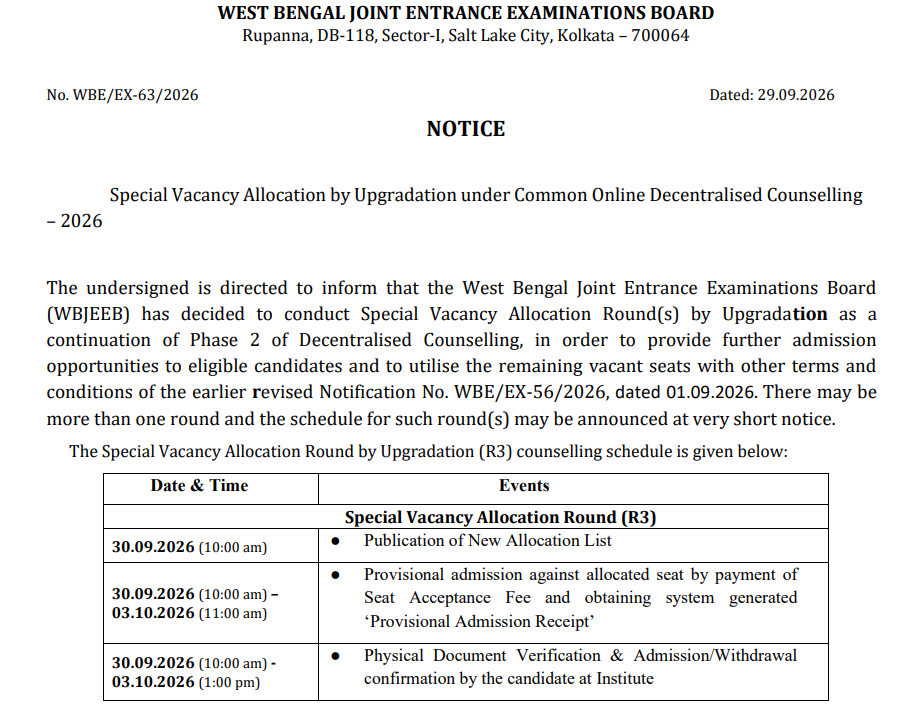WBJEE DCAP 2026 Special Round Key Details