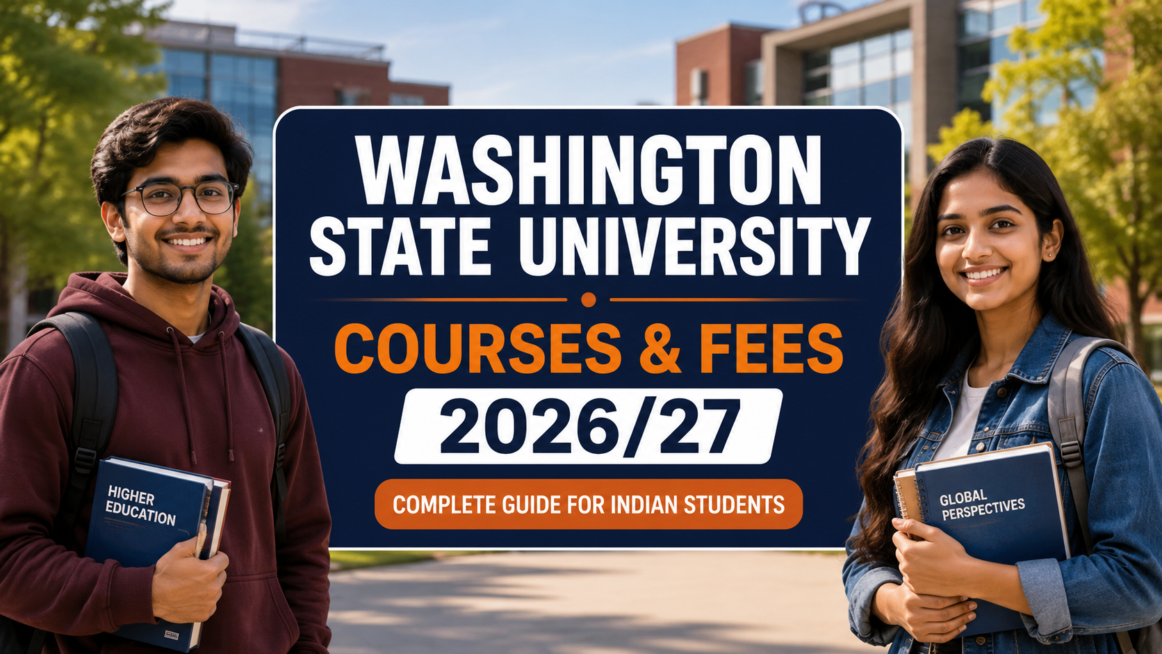 A university banner featuring two smiling Indian students holding books beside a campus background, with central text reading &ldquo;Washington State University,&rdquo; &ldquo;Courses & Fees 2026/27,&rdquo; and &ldquo;Complete Guide for Indian Students.&rdquo;