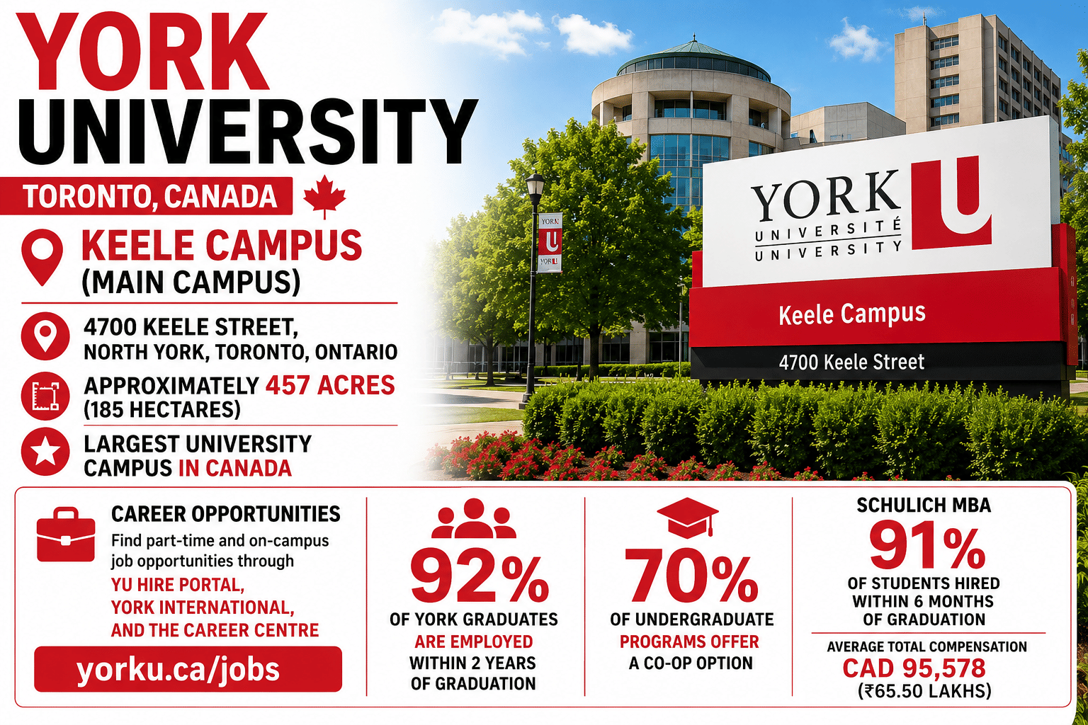 Promotional infographic about York University in Toronto, Canada, featuring a large photo of the Keele Campus and the York University sign. The graphic highlights the Keele Campus as the university's main campus, located at 4700 Keele Street, North York, Toronto, Ontario, and notes that it spans approximately 457 acres (185 hectares), making it the largest university campus in Canada. Additional sections showcase career opportunities through the YU Hire portal, York International, and the Career Centre, along with key outcomes including 92% of graduates employed within two years of graduation, 70% of undergraduate programs offering co-op opportunities, and a 91% employment rate for Schulich MBA graduates within six months, with an average total compensation of CAD 95,578. The design uses York University's red, black, and white branding with bold typography and spacious layout.