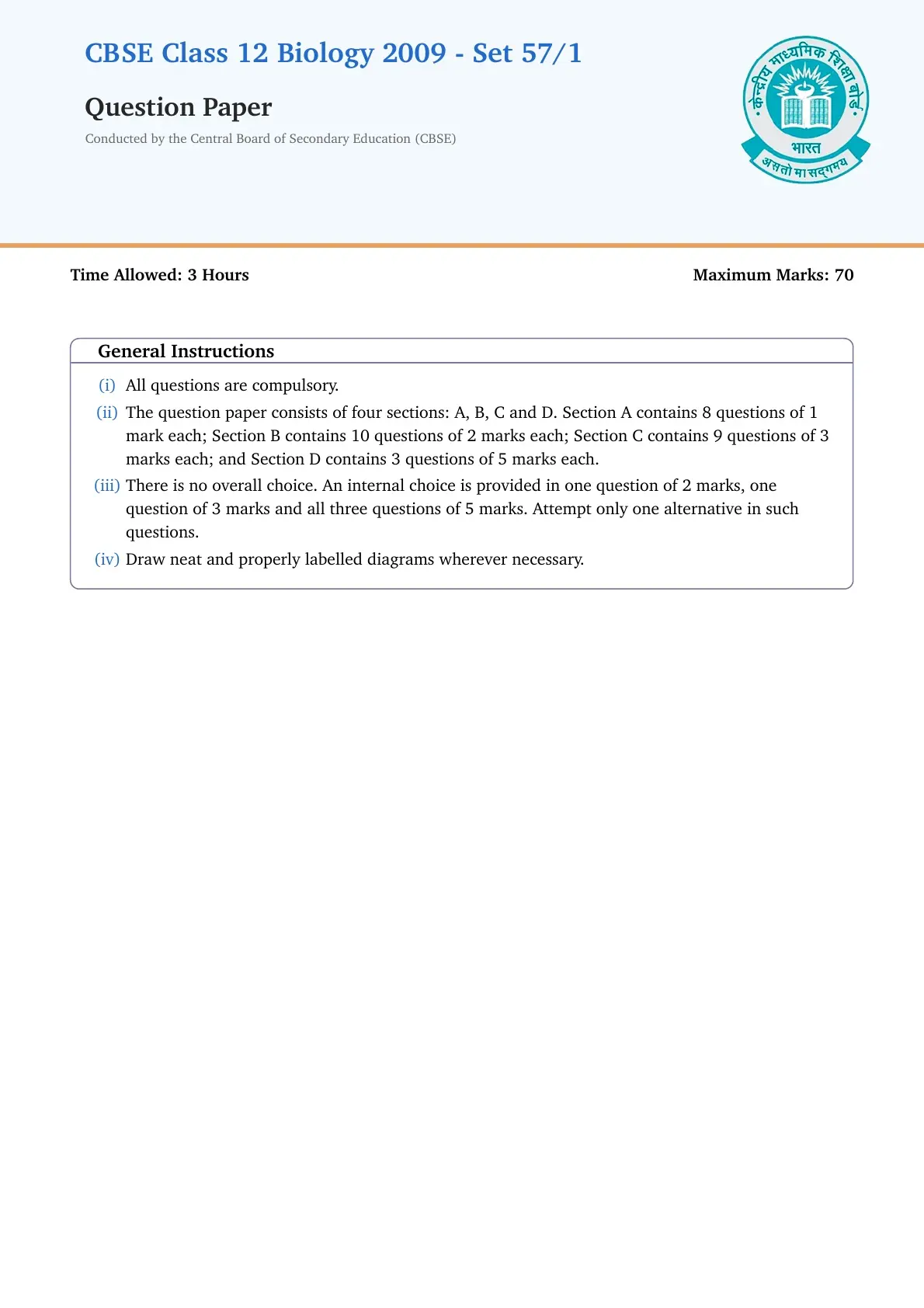 CBSE Class 12 Biology Question Paper 2009 Set 57 1